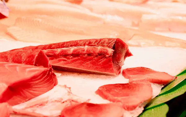 Fresh tuna fish fillet steaks, Raw Chunks of tuna fillet in in market
