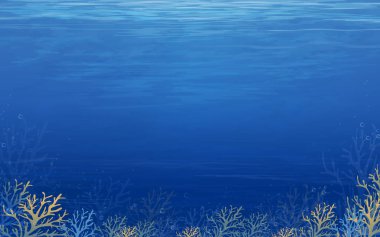 Su altı sahnesi derin mavi okyanusta yaz arkaplanı için resiflerle kaplı tropikal deniz yatağı ve su dalgaları yüzey dokusunda parlayan güneş ışığı