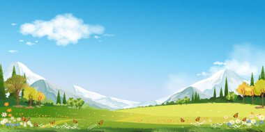 Gökyüzü, Bulut, Çimen Tarlası, Köydeki Tepe ve Orman Ağacı, Vector Çizgi Filmi Yaz manzarası parkta barışçıl kırsal doğa, Paskalya Panoramik Sancağı
