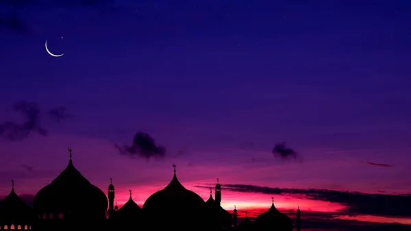 Night Sky Star Islamic Card Mosques Dome Crescent Moon Sunset — Stock Photo, Image