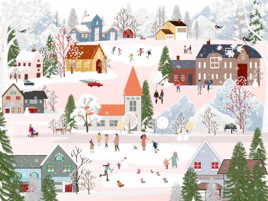 Geceleri kış manzarası, yeni yılda dışarıda eğlenen insanlarla, köyde Noel 'de kutlanan insanlarla, buz pateni oynayan çocuklarla, kar yağan gençlerle kayak yapan çocuklarla 