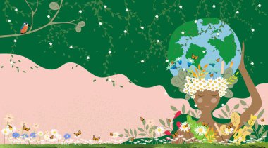 Doğa Ana Günü Geçmişi, Dünya gezegeni, çiçek tarlası ve kuşları vahşi orman ve küreye sahip taşıyıcı kız, dünya çevre geçmişi, Dünya ve Dünya 'yı Kurtar Günü, Yeşil Gün konsepti