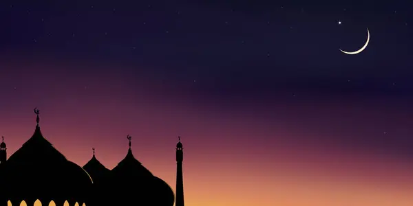 Ramadan Kareem Eid Mubarak Háttér Dome Mecsetek Félhold Star Night — Stock Vector