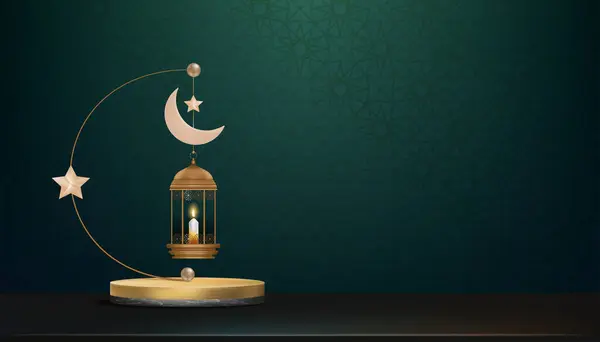 Фон Мубарак Исламский Подиум Традиционным Фонарем Полумесяцем Звезда Висит Зеленом — стоковый вектор