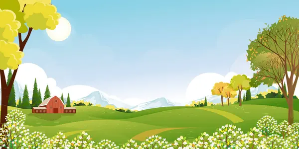 Spring Background Sky Cloud Grass Field Flower Hill Forest Tree — Stock Vector