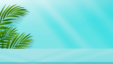 Yaz Arkaplanı, Stüdyo Odası ışıklandırmalı, Hindistan cevizi palmiyesi yaprakları pastel mavi çimento duvar arka planında, Horizon Banner ürün sunumu için tropikal sahne konsepti, Satış, Web çevrimiçi afişi