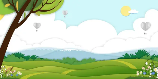Spring Green Field Landscape Mountain Cloud Layer Hot Air Balloons — Stock Vector