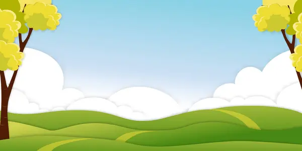 Папір Вирізав Весняно Зелений Польовий Пейзаж Горою Хмарний Шар Фоні — стоковий вектор