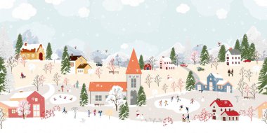 Kış şablonu, Noel arkaplanı, çam ağacı, şirin ev, buz pateni oynayan insanlar, Vector tasarımı Köyde yeni yıl arifesi aile kutlaması, Xmas Tatili 2025