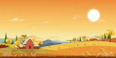 Orman ağacı arka planlı sonbahar manzarası, Karikatür Sahnesi Sonbahar Mevsimi Dağı, Çayırlık, Turuncu Yaprak, Bulut, Sarı Gün batımı Gökyüzü, Vector doğa sabah çim tarlası, Akçaağaç ağacı, kırsalda tarım arazisi
