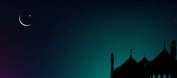 Night Sky Star Islamic Card Mosques Dome Crescent Moon Sunset - Stok Vektor
