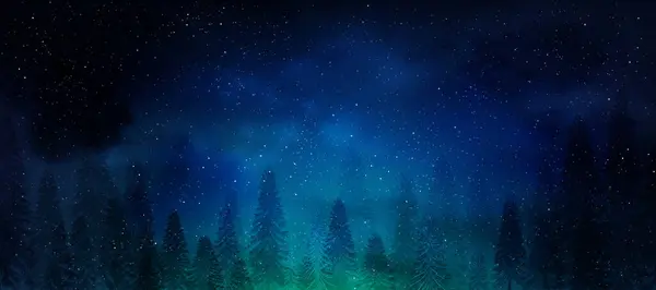 クリスマスの背景 星が付いている冬の夜空の暗い青 火が付いている森林の風景の雪 統一された森林松および落ちる雪 Xmasのためのベクトル バナー 新年の祝日2025の挨拶カード — ストックベクタ
