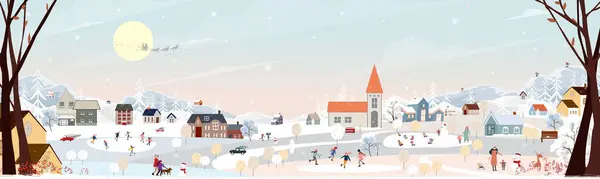 クリスマスの背景 街の夜のクリスマスの風景 町のベクトルかわいい漫画ウィンターワンダーランド 休日の季節のための2025年の新年の公園で人々のお祝い — ストックベクタ
