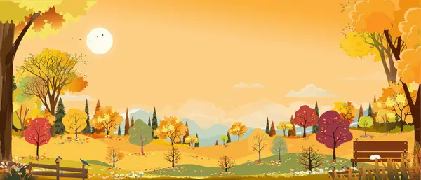 Autumn Landscape Forest Tree Background Cartoon Scene Fall Season Mountain — Stok Vektör