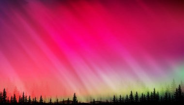 Kuzey Işıkları, Pembe, Mor, Yeşil, Açık Gökyüzü Aurora Borealis ve Bulut Örtüsü Orman Ağacı ve Moutain Üzerine Işık Kirliliği Efekti, Fantastik Kış Doğası İnanılmaz Güneş Fırtınası