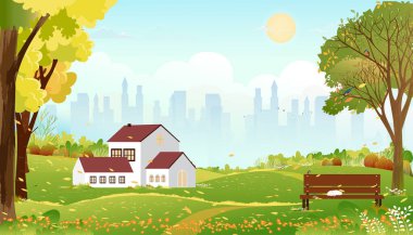 Bahar manzaraları mavi gökyüzü, bulutlu manzara, sabah bankta uyuyan kedili şehir parkı, Vector çizgi filmi yaz sezonu bulutlu, gökyüzü arka planlı şehir parkı