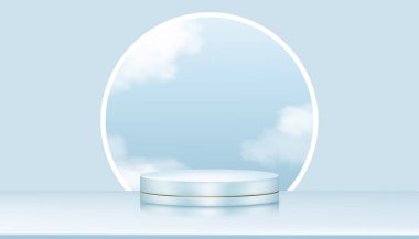 Mavi arkaplan, 3d podyum tabanlı stüdyo arka planı, mavi gökyüzünde beyaz kabarık bulutlar, güzellik için en az platform sahne dairesi modeli, kozmetik ürün sunumu 