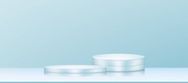 Mavi arkaplan, Mavi Duvar 'da podyum görüntüsü olan stüdyo odası, ürün sunumu için Vektör 3d gerçekçi sahne standı, İlkbahar için Backdrop Banner platformu, Satış promosyonu için Yaz Kozmetiği