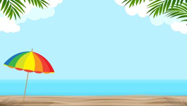 Yaz arkaplanı, deniz dalgaları, sahil şemsiyesi, palmiye ağacı gölgeleri, vektör ufuk tatili afişi. Seyahat ve sahil tatili için arka plan, metin için kopyalama alanı.