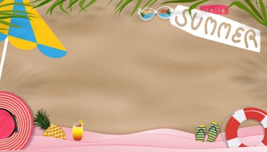 Yaz Arkaplanı Plaj Tatili Konsepti Pembe Deniz Dalgası Katmanı, Güneş gözlükleri, şapkalar, soğuk tropikal içecek, meyveler, Flip flops, Kum Üstünde Hindistan cevizi Palmiye Yaprağı Gölgesi, Yaz Saati Yatakları