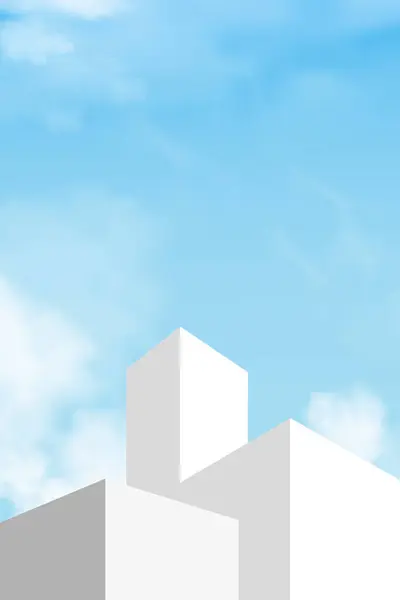 白いポディウムのステップの背景が付いているスカイブルー プラットフォーム3Dモックアップの表示段階販売のためのサマー化粧品のプレゼンテーション プロモーション Webのオンライン 建物の壁が付いている自然な春のスカイ — ストックベクタ
