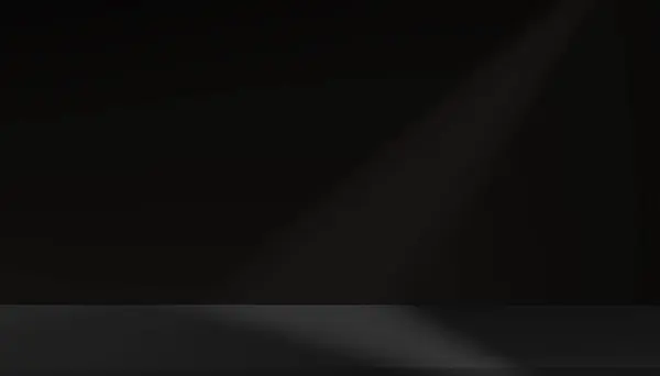 ブラックバックグラウンドウォールスタジオルーム ライト付き フロアの影 製品プレゼンテーション用のポディウム付きの空の3Dバックドロップ Webバナープロモーション用のグレーテーブルトップ付きの空のディスプレイキッチンルーム — ストックベクタ