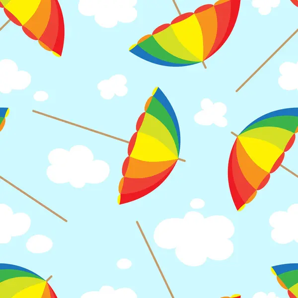 ビーチの傘 シームレスなパターン背景 青空の雲で虹の傘のパターン 春のための壁紙 夏の休日の印刷のための設計を繰り返して下さい — ストックベクタ