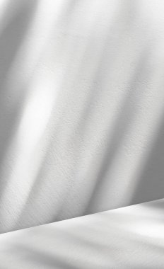 Yaprak gölgesi olan Beyaz Arkaplan Stüdyosu, beton duvarda güneş ışığı yansıması, Çimento Masası 'nda soyut ışığı olan Boş Arkaplan Gri Mutfak Odası, ürün sunumu için Banner ekranı