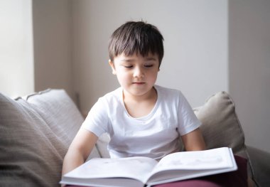 Otantik Çocuk, sabah parlak ışık saçan bir kitap okuyor, Mutlu çocuk pencerenin yanında oturup hikaye ya da çizgi film okuyor, Hight Light Child, Summer 'da evinde kanepede oturuyor ve dinleniyor.