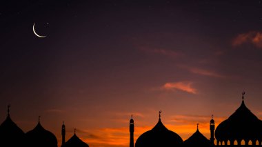 İslami arka plan, Ramazan Kareem tasarımı Siluet Kubbesi, Günbatımı Gökyüzünde Hilal Ay, İslami din için alacakaranlık gökyüzü ile Vetor Ramadhan Gecesi, Kurban Bayramı, Kurban Bayramı, Muharram el Fitr,