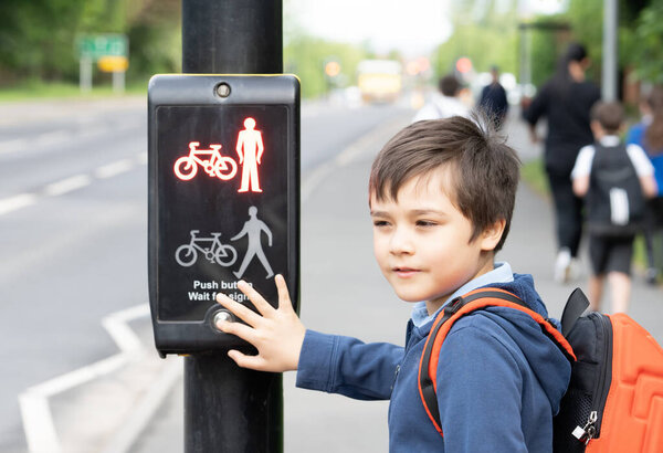 School Kid Pressing Button Traffic Lights Pedestrian Crossing Way School Stock Image