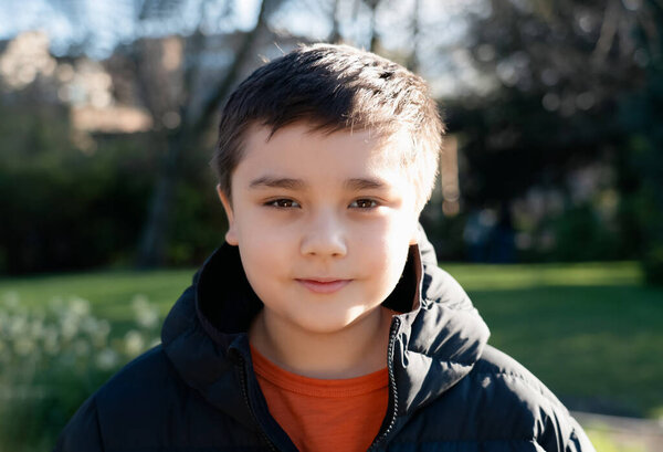 Happy Boy Child Smiling Enjoying Relaxing Sunny Day Spring Park Stock Photo
