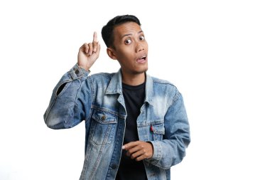 asian man wearing blue jean jacket gesturing get idea, isolated on white background