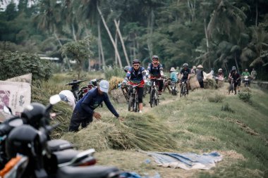 Cyclist in helmet rides bicycle on country road. Using a gravel bike through rice fields and farmers. : Yogyakarta, Indonesia - 28 January 2023