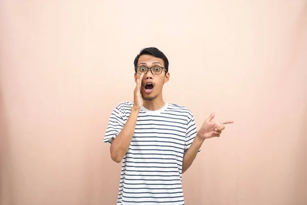Asian Man Glasses Wearing Casual Striped Shirt Whispering Pose While — Stock Photo, Image