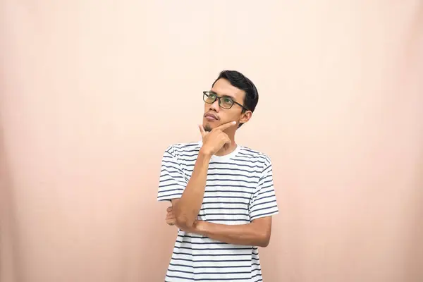Asian Man Glasses Wearing Casual Striped Shirt Gesturing Get Ideas — Stock Photo, Image