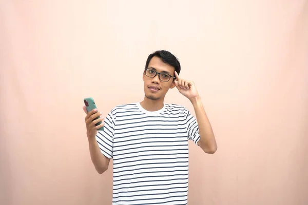 Portrait Asian Man Wearing Glasses Wearing Casual Striped Shirt Posing — Stock Photo, Image
