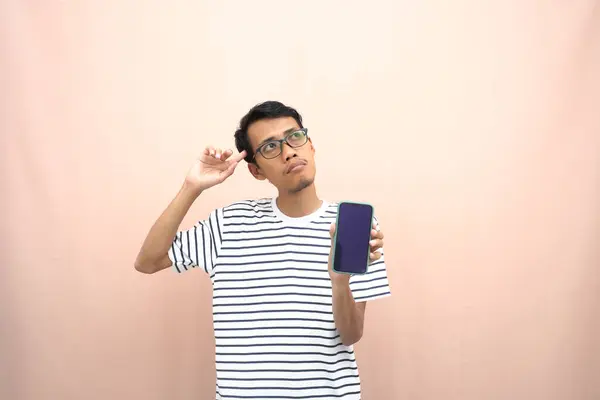 Portrait Asian Man Wearing Glasses Wearing Casual Striped Shirt Thinking — Stock Photo, Image