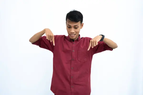 Asian Man Businessman Student Concept Wearing Red Casual Shirt Pointing — Stock Photo, Image