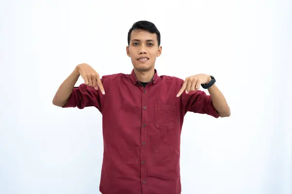 Asian Man Businessman Student Concept Wearing Red Casual Shirt Pointing — Stock Photo, Image