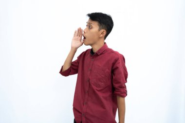 Asyalı adam, iş adamı ya da öğrenci konsepti kırmızı günlük gömlek giyiyor, el ele bağırıyor, bilgi veriyor ya da fısıldıyor, beyaz arka planda izole edilmiş..