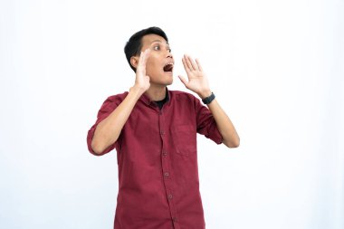 Asyalı adam, iş adamı ya da öğrenci konsepti kırmızı günlük gömlek giyiyor, el ele bağırıyor, bilgi veriyor ya da fısıldıyor, beyaz arka planda izole edilmiş..