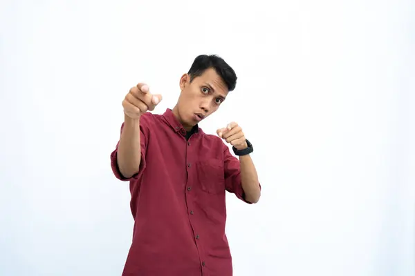 Asiatischer Mann Geschäftsmann Oder Student Roter Freizeitkleidung Posiert Und Zeigt — Stockfoto