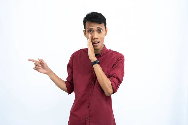 Asiatisk Mand Forretningsmand Eller Studenterkoncept Iført Rød Afslappet Skjorte Peger - Stock-foto