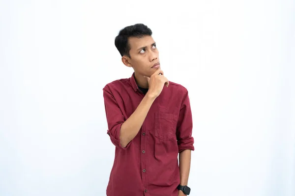 Asiático Hombre Negocio Estudiante Concepto Usando Rojo Casual Camisa Pensamiento —  Fotos de Stock