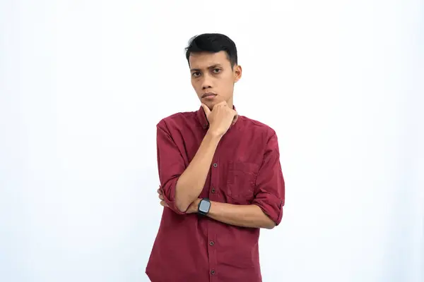 Asian Man Business Student Concept Wearing Red Casual Shirt Thinking — Stock Photo, Image