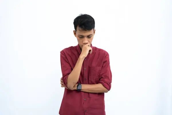 Asian Man Business Student Concept Wearing Red Casual Shirt Thinking — Stock Photo, Image
