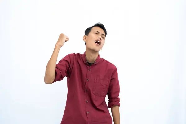 Asijský Muž Podnikatel Nebo Student Koncept Nosit Červené Ležérní Tričko — Stock fotografie