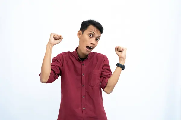 Азиатский Человек Бизнесмен Студент Концепции Носить Красную Рубашку Случайный Удивлен — стоковое фото