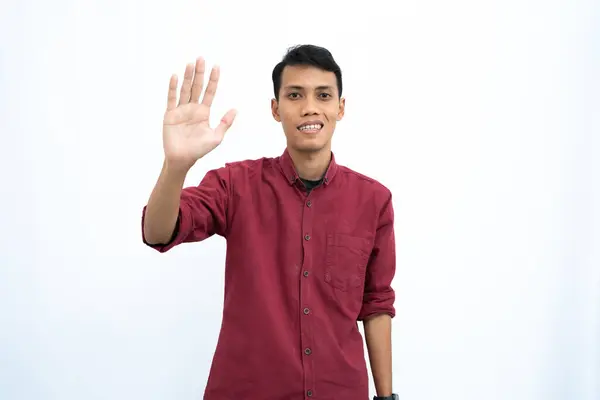 Asyalı Bir Adam Adamı Öğrenci Konsepti Kırmızı Günlük Gömlek Giyip — Stok fotoğraf